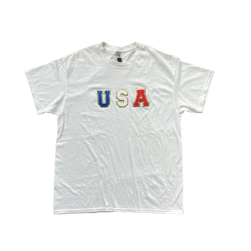 Gildan USA Chenille Patch T-Shirt White Gold Glitter Varsity Letters Size Large